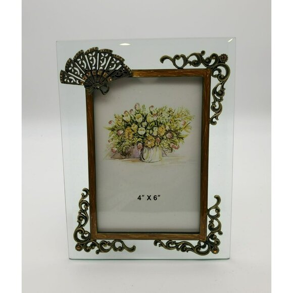 NWOT Glass Bronze Metal Fan Ornamental Scrolls Photo Frame w/Citrone Rhinestones - Picture 1 of 14